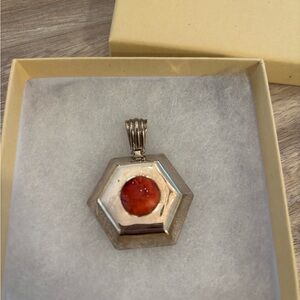 Silver Hexagon Pendant with Orange Gemstone